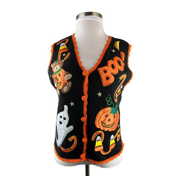 Vintage Basic Editions Halloween Vest Knit Sweater Bear Ghost & Pumpkin Medium - Picture 2 of 9